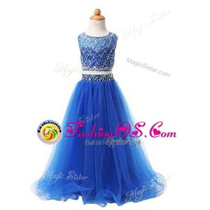 Blue Scoop Zipper Beading Flower Girl Dresses for Less Sleeveless
