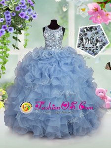 Custom Designed Halter Top Sleeveless Little Girl Pageant Dress Floor Length Beading and Ruffles Fuchsia Taffeta