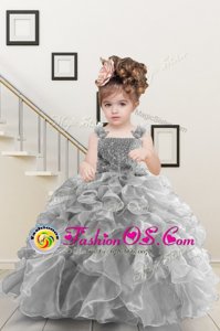 Beading and Ruffles Little Girl Pageant Dress Grey Lace Up Sleeveless Floor Length