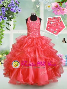 Gorgeous Halter Top Watermelon Red Ball Gowns Beading and Ruffled Layers Child Pageant Dress Lace Up Organza Sleeveless Floor Length