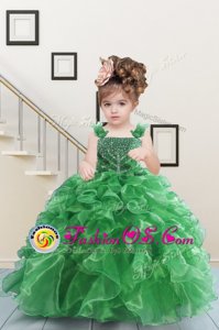 High End Floor Length Lace Up Little Girls Pageant Dress Wholesale Green and In for Military Ball and Sweet 16 and Quinceanera with Beading and Ruffles