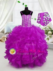 Perfect Hot Pink Sleeveless Beading and Ruffles Floor Length Little Girl Pageant Gowns