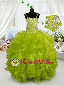 Top Selling Orange Spaghetti Straps Lace Up Beading and Ruffles and Pick Ups Little Girls Pageant Dress Sleeveless
