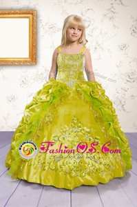 Satin Spaghetti Straps Sleeveless Lace Up Beading and Appliques and Pick Ups Little Girl Pageant Dress in Apple Green
