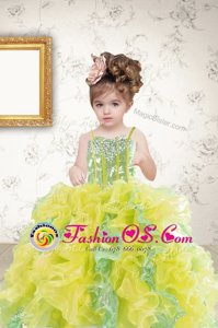 Sleeveless Organza Floor Length Lace Up Little Girls Pageant Gowns in Multi-color for with Beading and Ruffles and Sequins