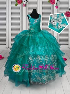 Turquoise Organza Lace Up Straps Sleeveless Floor Length Little Girl Pageant Gowns Appliques and Ruffled Layers