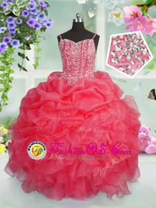 Sleeveless Floor Length Beading and Ruffles and Pick Ups Lace Up Little Girl Pageant Gowns with Rose Pink