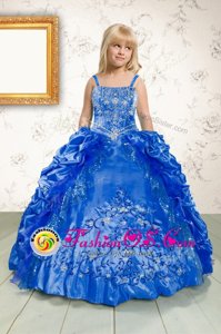Low Price Pick Ups Ball Gowns Little Girl Pageant Gowns Blue Spaghetti Straps Satin Sleeveless Floor Length Lace Up