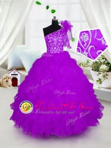 Dramatic One Shoulder Short Sleeves Organza Kids Formal Wear Appliques and Ruffles Lace Up
