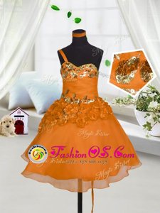 High Quality Orange Red A-line Beading and Hand Made Flower Kids Pageant Dress Lace Up Organza Sleeveless Mini Length