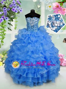 Light Blue Organza Lace Up Little Girl Pageant Gowns Sleeveless Floor Length Ruffled Layers and Sequins