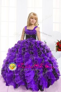 Trendy Ball Gowns Pageant Gowns For Girls Blue And Black Straps Organza Sleeveless Floor Length Lace Up