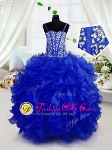 Superior Blue Ball Gowns Spaghetti Straps Sleeveless Tulle Floor Length Zipper Beading and Sequins Kids Pageant Dress