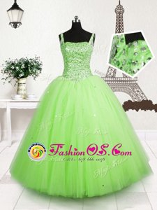 Sequins Ball Gowns Kids Formal Wear Apple Green Straps Tulle Sleeveless Floor Length Lace Up