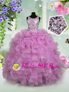 Scoop Floor Length Zipper Little Girl Pageant Gowns Lilac and In for Party and Wedding Party with Ruffles and Sequins