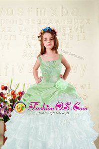 Apple Green Straps Neckline Beading and Ruffled Layers and Hand Made Flower Kids Formal Wear Sleeveless Lace Up