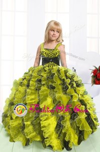 Floor Length Light Yellow Kids Formal Wear Organza Sleeveless Beading and Ruffles
