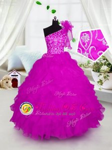 Gorgeous Halter Top Floor Length Fuchsia Kids Pageant Dress Fabric With Rolling Flowers Sleeveless Beading and Ruffles