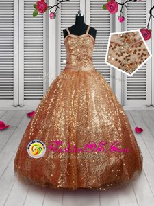 Glorious Sleeveless Floor Length Beading and Sequins Lace Up Little Girls Pageant Dress with Rust Red