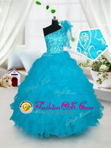 Sleeveless Floor Length Beading and Ruffled Layers and Hand Made Flower Lace Up Little Girls Pageant Gowns with Peach