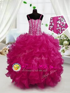 Spaghetti Straps Sleeveless Pageant Gowns For Girls Floor Length Beading and Ruffles Hot Pink Organza