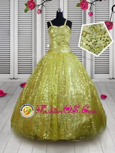 Sequins Straps Sleeveless Lace Up Girls Pageant Dresses Gold Sequined