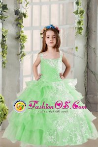 Square Sleeveless Little Girl Pageant Dress Floor Length Lace and Ruffled Layers Apple Green Organza
