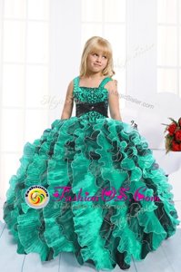 Floor Length Teal Little Girls Pageant Dress Organza Sleeveless Beading and Ruffles