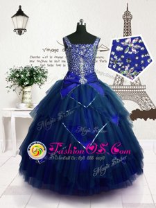 Beading and Belt Kids Pageant Dress Royal Blue Lace Up Sleeveless Floor Length