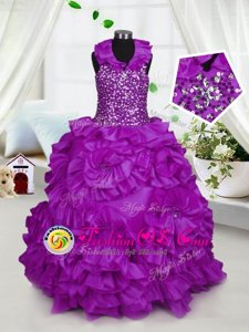 Halter Top Sleeveless Floor Length Beading Zipper Little Girl Pageant Gowns with Purple