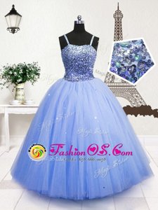 Low Price Sleeveless Floor Length Beading and Sequins Zipper Child Pageant Dress with Light Blue
