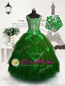 Dark Green Tulle Lace Up Pageant Gowns For Girls Sleeveless Floor Length Beading and Sashes|ribbons