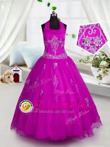 Fuchsia Tulle Lace Up Halter Top Sleeveless Floor Length Little Girl Pageant Dress Appliques