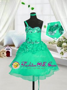 On Sale One Shoulder Turquoise Lace Up Kids Formal Wear Beading and Hand Made Flower Sleeveless Knee Length