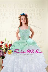 Sleeveless Organza Floor Length Lace Up Child Pageant Dress in White for with Beading and Ruffles