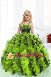 Modern Yellow Green Straps Lace Up Beading and Ruffles Kids Formal Wear Sleeveless