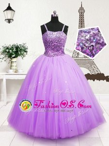 Low Price Lavender Zipper Spaghetti Straps Beading and Sequins Little Girl Pageant Dress Tulle Sleeveless