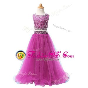 Scoop Fuchsia Sleeveless Floor Length Beading Zipper Flower Girl Dresses