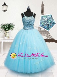 Turquoise Spaghetti Straps Neckline Beading and Sequins Little Girls Pageant Dress Sleeveless Zipper