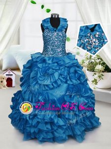 Floor Length Teal Little Girls Pageant Gowns Halter Top Sleeveless Zipper