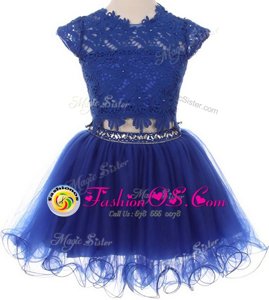 Charming Scoop Cap Sleeves Mini Length Beading and Lace Zipper Flower Girl Dress with Blue