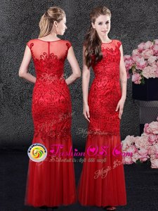 Mermaid Scoop Red Cap Sleeves Tulle Zipper Mother Of The Bride Dress for Prom and Party and Military Ball and Wedding Party