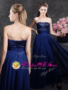 Designer Strapless Sleeveless Homecoming Gowns Floor Length Sequins Navy Blue Chiffon
