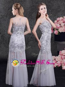 Scoop Sleeveless Tulle Floor Length Zipper Mother Of The Bride Dress in Grey for with Lace and Appliques
