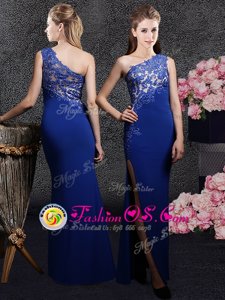 New Arrival Royal Blue Side Zipper One Shoulder Lace and Appliques Mother Of The Bride Dress Elastic Woven Satin Sleeveless