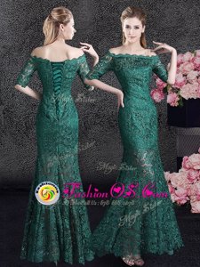 Fantastic Scalloped Dark Green Mermaid Lace Mother Of The Bride Dress Lace Up Lace Half Sleeves Floor Length