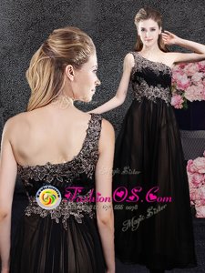 Tulle One Shoulder Sleeveless Side Zipper Appliques Mother Of The Bride Dress in Black