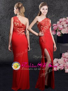 New Arrival One Shoulder Sleeveless Side Zipper Floor Length Lace and Appliques Mother Of The Bride Dress