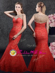 Mermaid Red Cap Sleeves Floor Length Beading and Lace Zipper Celebrity Evening Dresses