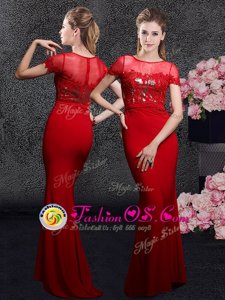 Artistic Red Column/Sheath Elastic Woven Satin Scoop Short Sleeves Appliques and Sequins With Train Zipper Mother Of The Bride Dress Brush Train